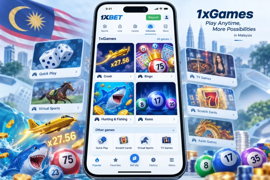 1xBet 1xGames section with Crash, Bingo, Keno and other instant games