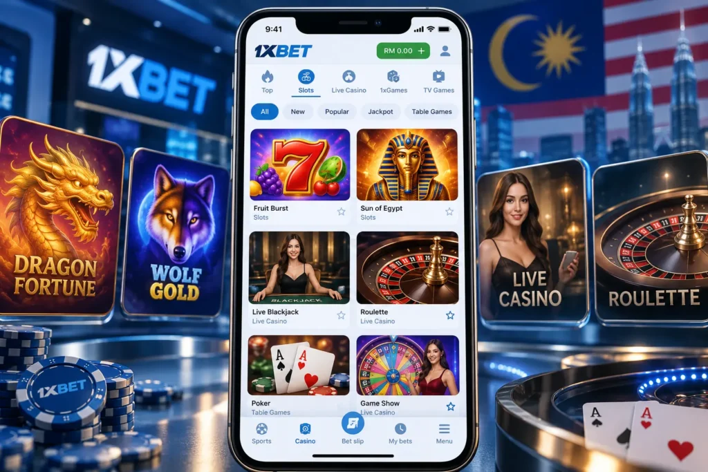 1xBet casino screen with slots, live casino and table games
