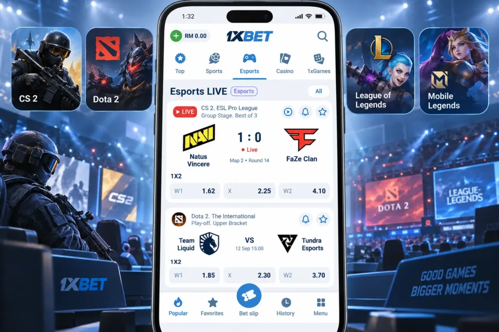 1xBet esports section with CS2, Dota 2, League of Legends and Mobile Legends