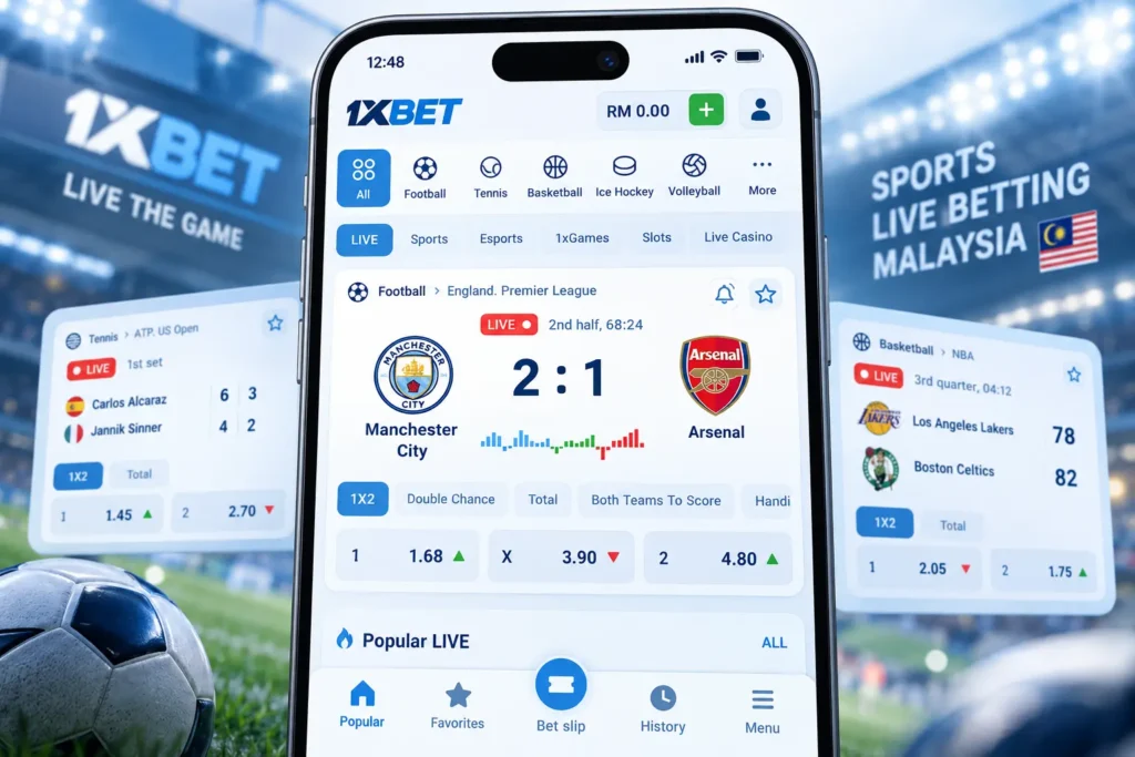 1xBet live betting screen with an in-play football score and live markets