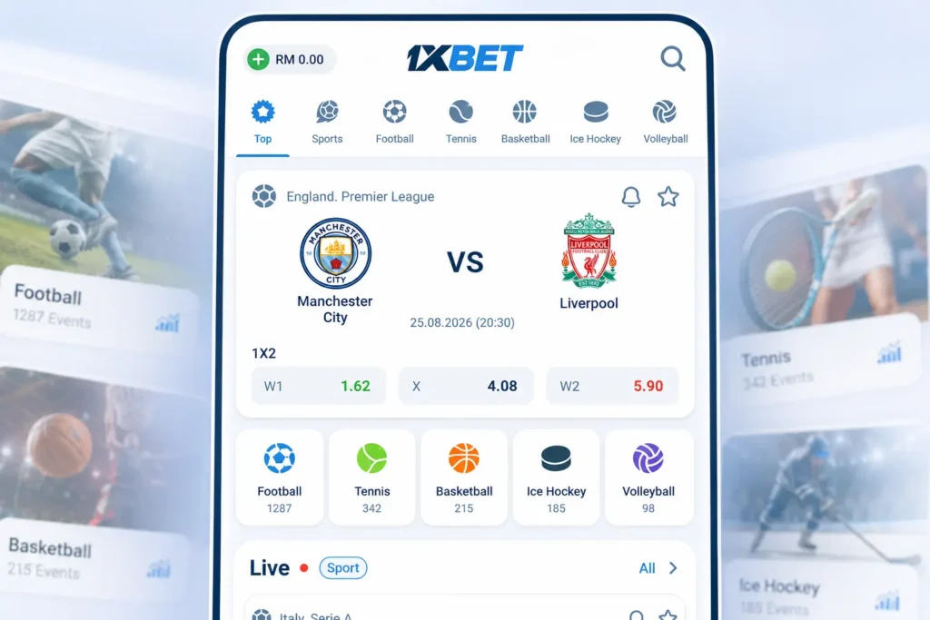 1xBet sportsbook screen showing Premier League match odds and sports categories