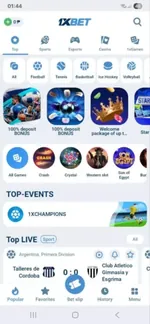 1xBet app home screen with promotions and a live match