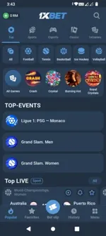 1xBet app home screen with sports, casino and top live events