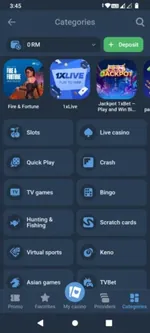 Casino game categories in the 1xBet app