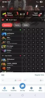 Live Dota 2 esports match statistics in the 1xBet app