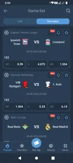 Pre-match football odds list in the 1xBet app