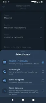 Selecting a welcome bonus during 1xBet registration